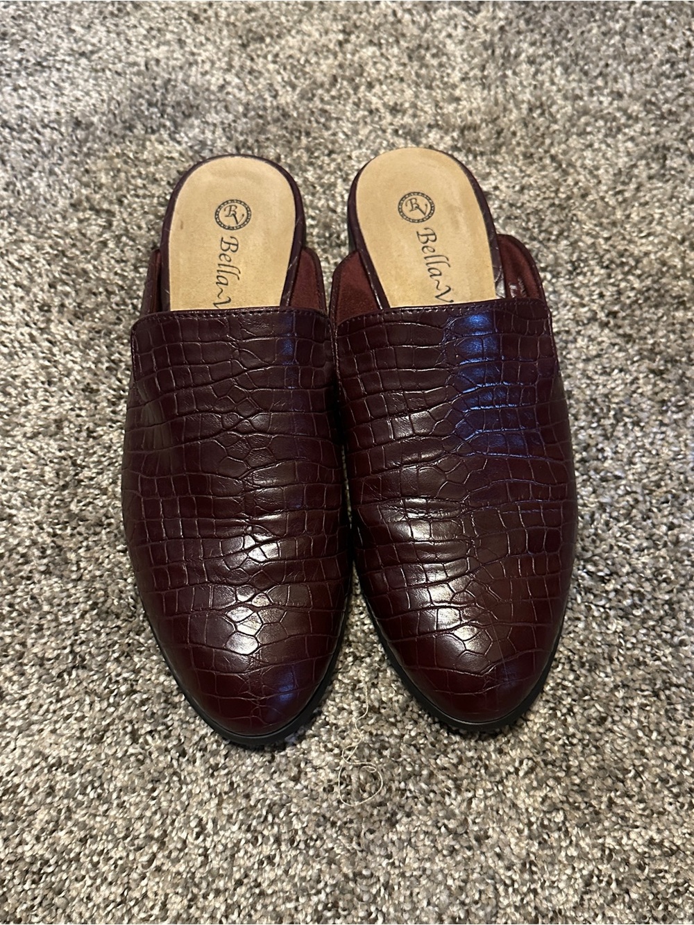 Bella-Vita Croc Embossed Pointed Toe Leather Mules Burgundy Wine